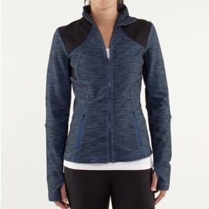 LULULEMON FORME JACKET IN SLUB DENIM BLUE/BLACK SIZE 8 Full Zip Mock Neck